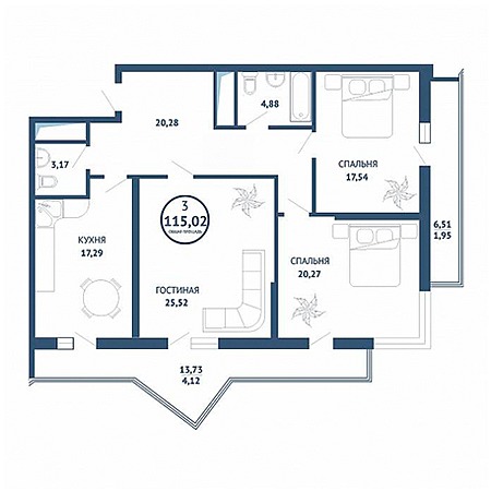 3 комнатная 115.02м²