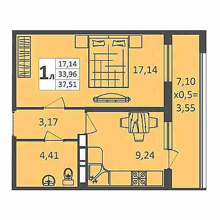 1 комнатная 37.51м²