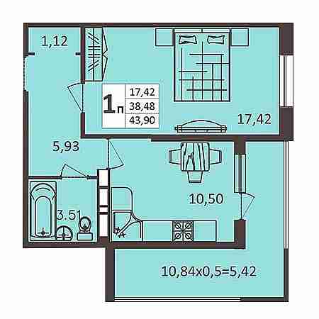 1 комнатная 43.9м²