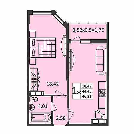 1 комнатная 44.21м²