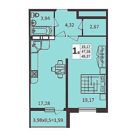 1 комнатная 49.37м²