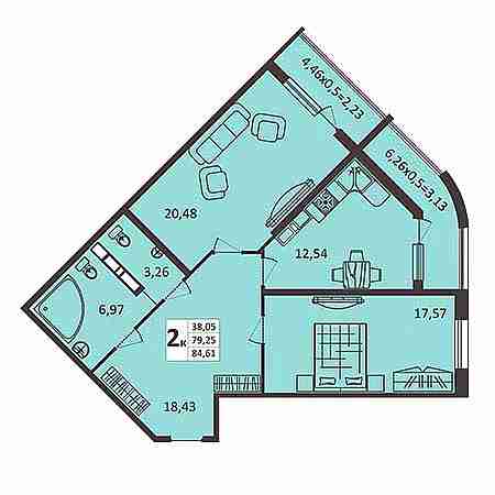 2 комнатная 84.61м²