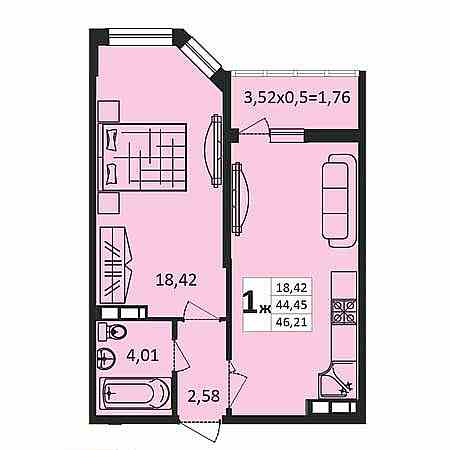 1 комнатная 46.21м²