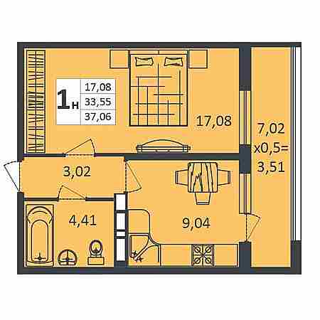 1 комнатная 37.06м²