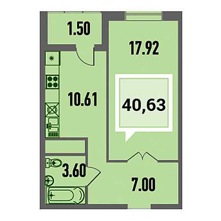 1 комнатная 40.63м²