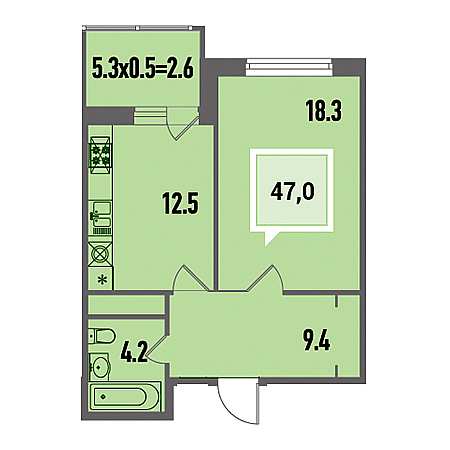 1 комнатная 47м²