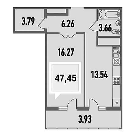 1 комнатная 47.45м²