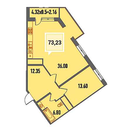 1 комнатная 73.23м²