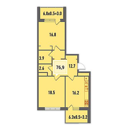 2 комнатная 76.9м²