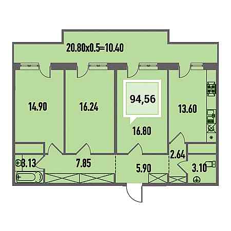 3 комнатная 94.56м²