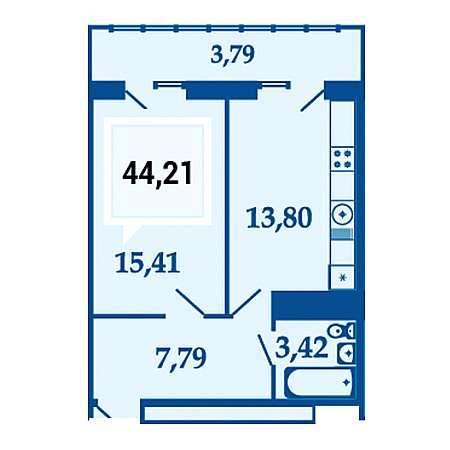 1 комнатная 44.21м²