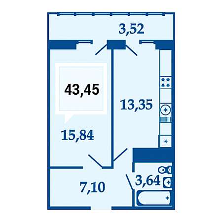 1 комнатная 43.45м²