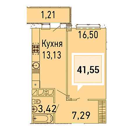 1 комнатная 41.55м²