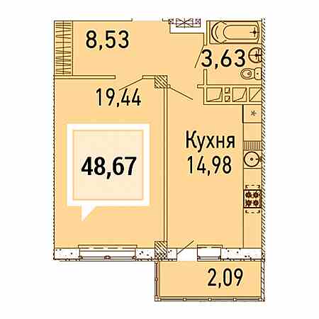 1 комнатная 48.67м²