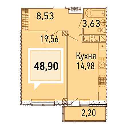 1 комнатная 48.9м²