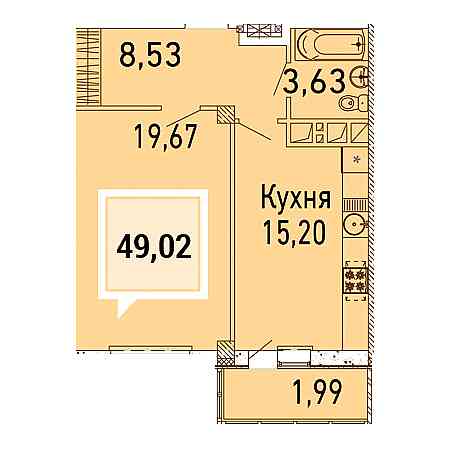 1 комнатная 49.02м²