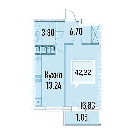 1 комнатная 42.22м²