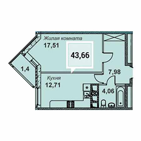 1 комнатная 43.66м²