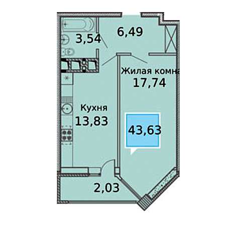 1 комнатная 43.63м²