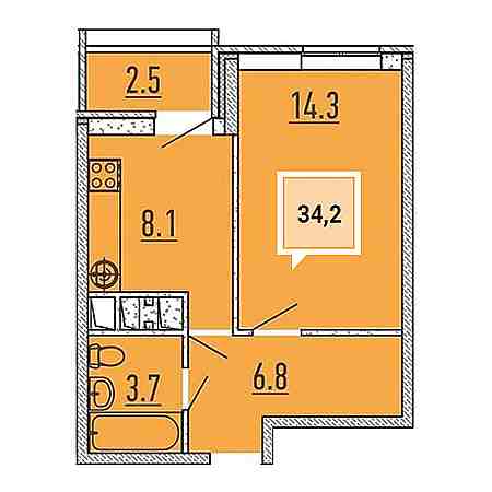 1 комнатная 34.2м²