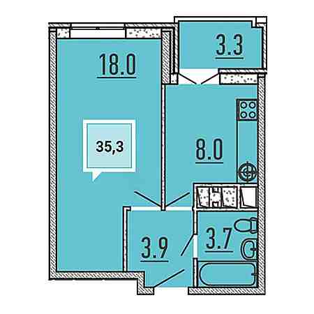 1 комнатная 35.3м²