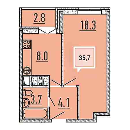 1 комнатная 35.7м²