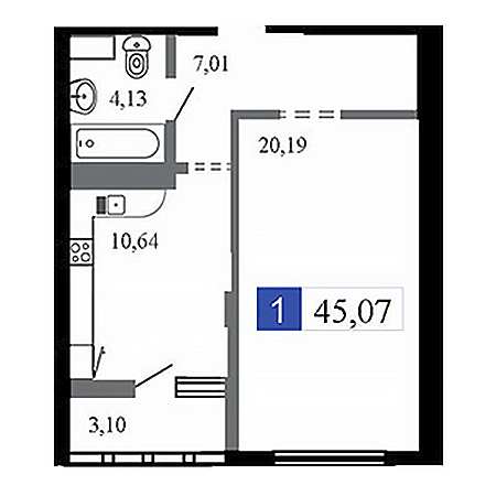 1 комнатная 45.07м²