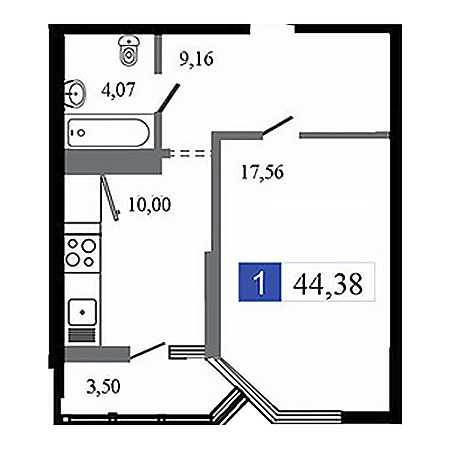 1 комнатная 44.38м²