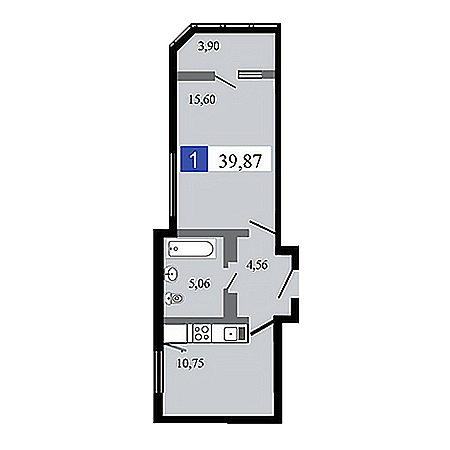 1 комнатная 39.87м²