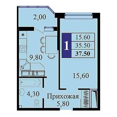 1 комнатная 37.5м²