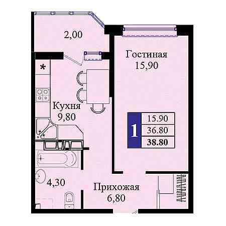 1 комнатная 38.8м²