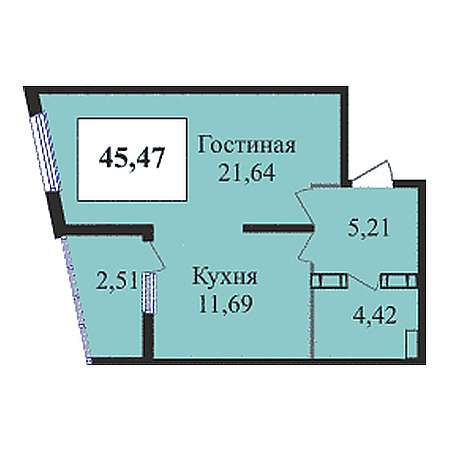 1 комнатная 45.47м²