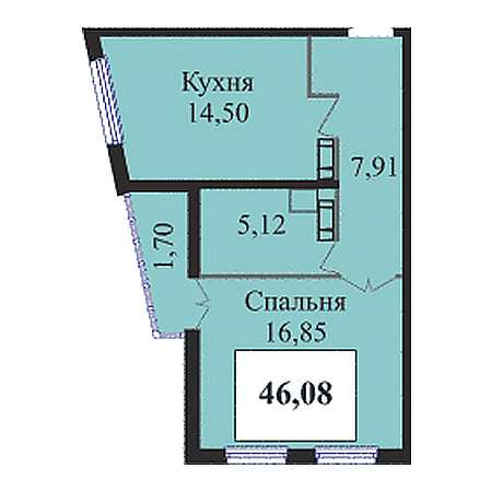 1 комнатная 46.08м²