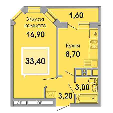 1 комнатная 33.4м²