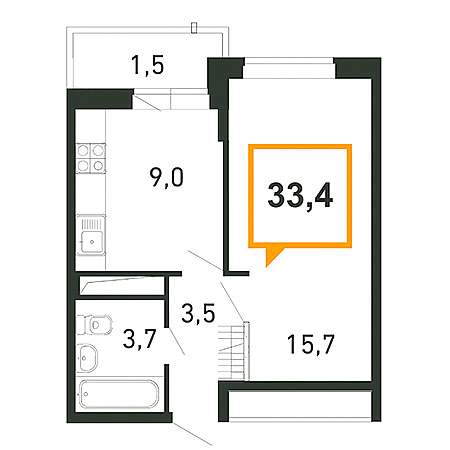 1 комнатная 33.4м²