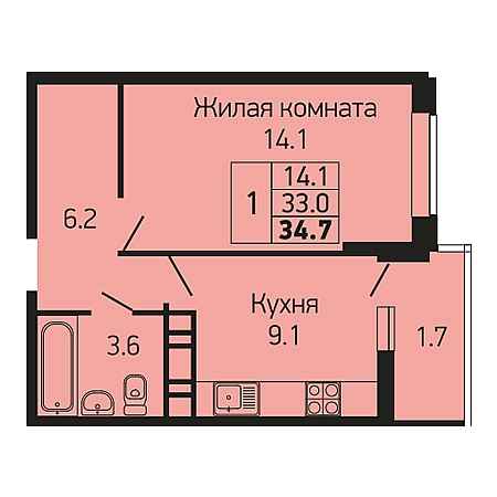 1 комнатная 34.7м²