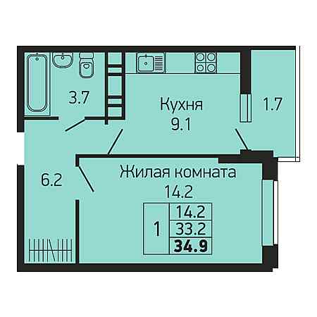 1 комнатная 34.9м²