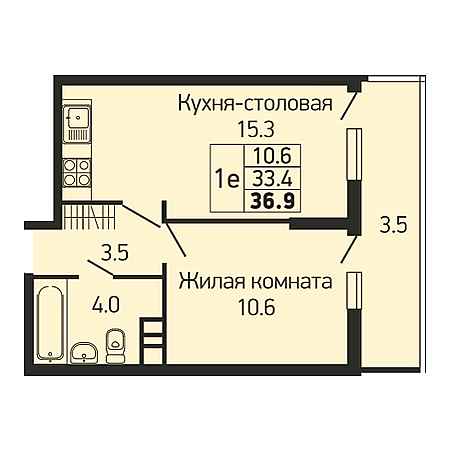 1 комнатная 36.9м²