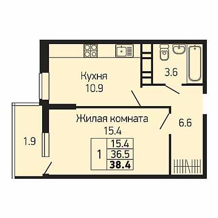 1 комнатная 38.4м²