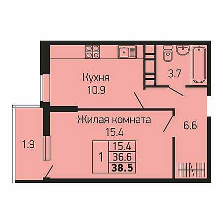 1 комнатная 38.5м²