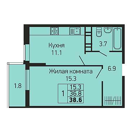 1 комнатная 38.6м²