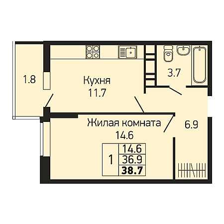 1 комнатная 38.7м²