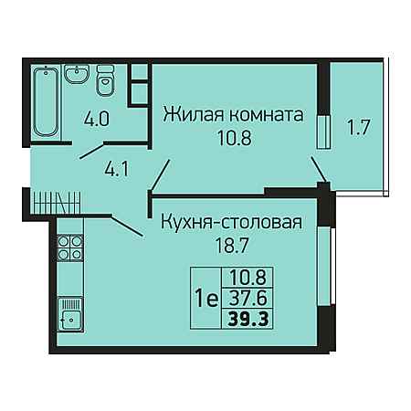 1 комнатная 39.3м²