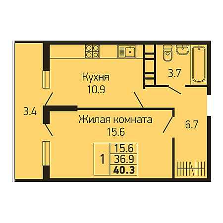 1 комнатная 40.3м²