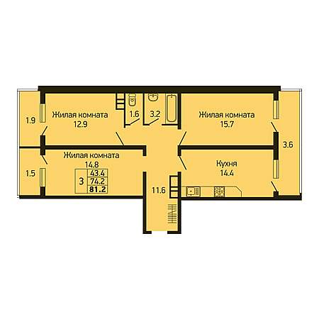 3 комнатная 81.2м²