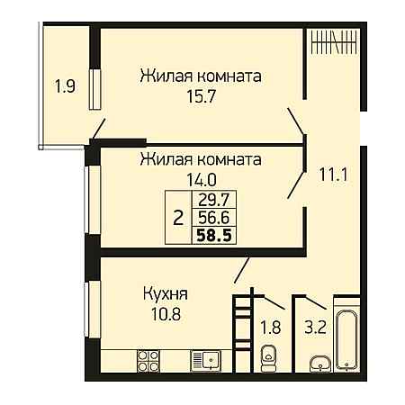 2 комнатная 58.5м²