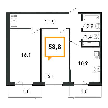 2 комнатная 58.8м²