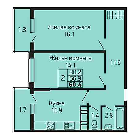 2 комнатная 60.4м²