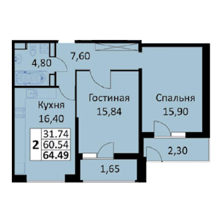 2 комнатная 64.49м²