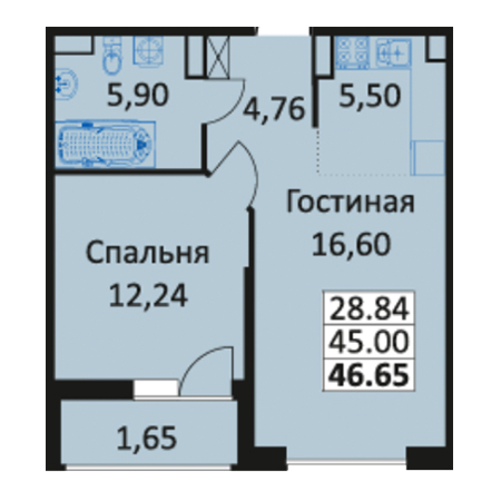 1 комнатная 46.65м²